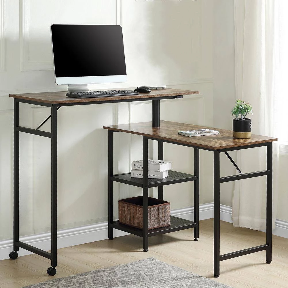 43.3 in. Brown Home Office L Shaped 360° Rotating Standing Computer Writing Desk with 2 Shelves by Magic Home 4 43.3 in. Brown Home Office L Shaped 360° Rotating Standing Computer Writing Desk with 2 Shelves by Magic Home - Image 2
