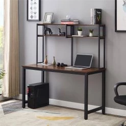 55.1 in. W Rectangle Brown MDF Desktop Solid Steel Frame Computer Desk Modern PC Workstation with Hutch and Shelves by Magic Home -Cheap Tidoin Store brown magic home computer desks cs wf198005aat 31 1000