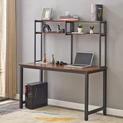 55.1 in. W Rectangle Brown MDF Desktop Solid Steel Frame Computer Desk Modern PC Workstation with Hutch and Shelves by Magic Home
