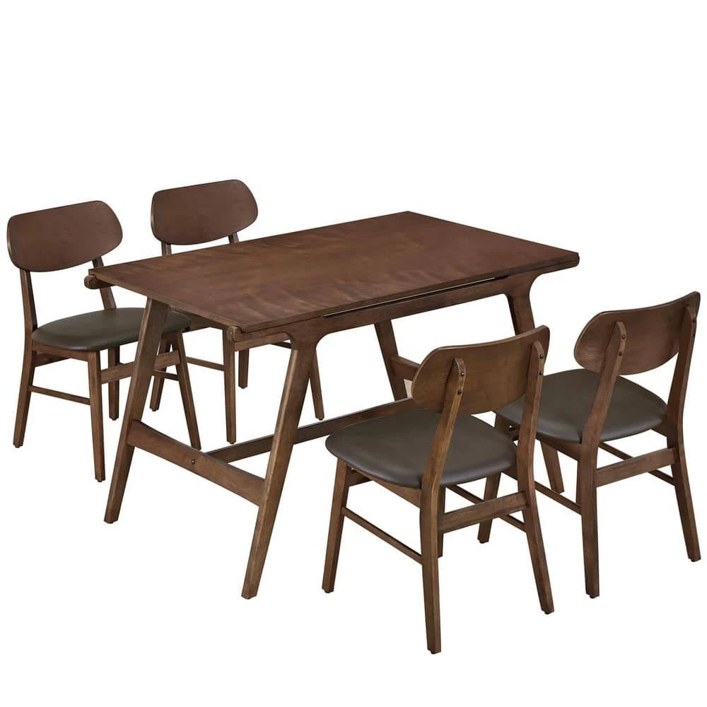 5-Piece Mid-Century Dining Table Set with 4 Faux Leather Dining Chairs,Brown by Magic Home 3 5-Piece Mid-Century Dining Table Set with 4 Faux Leather Dining Chairs,Brown by Magic Home