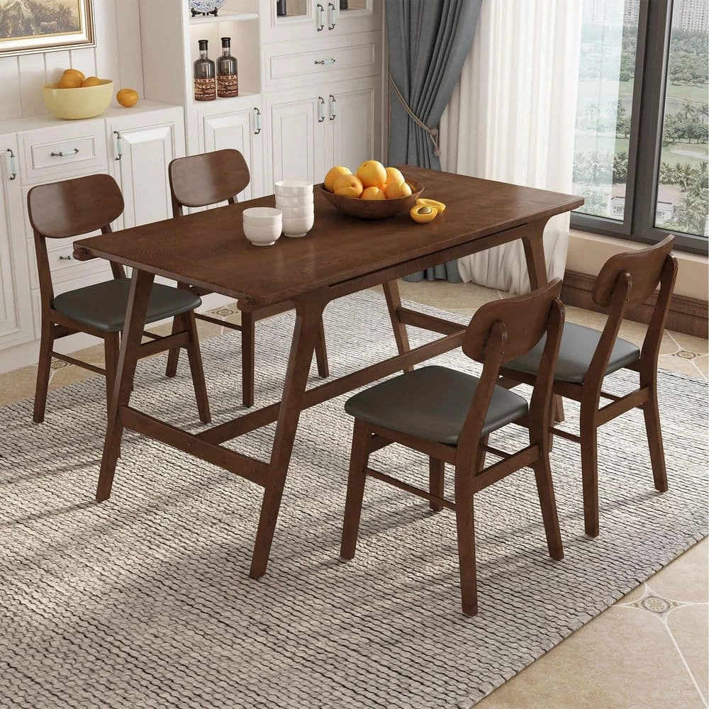 5-Piece Mid-Century Dining Table Set with 4 Faux Leather Dining Chairs,Brown by Magic Home 4 5-Piece Mid-Century Dining Table Set with 4 Faux Leather Dining Chairs,Brown by Magic Home - Image 2