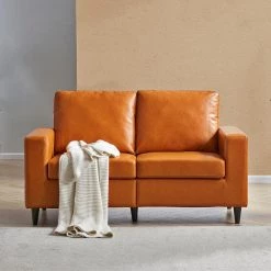 60.2 in. Brown PU Leather 2-Seats Loveseat with Wodden Leg by Magic Home