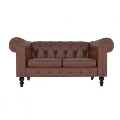 61.4 in. Roll Arm Classic 2-Piece PU Leather Tufted 2-Seats Loveseat with Pillows in Brown by Magic Home