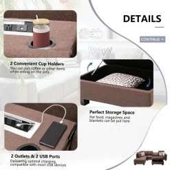 112 in. Squared Arm 3-Piece Linen L-Shape Cup Holders Reversible Sectionals Sofa with USB Ports and Ottoman in Brown by Magic Home -Cheap Tidoin Store brown magic home sectional sofas cs sg000226aaa 1f 1000