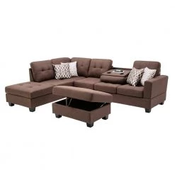 112 in. Squared Arm 3-Piece Linen L-Shape Cup Holders Reversible Sectionals Sofa with USB Ports and Ottoman in Brown by Magic Home