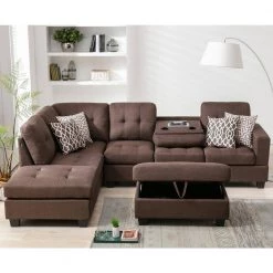 112 in. Squared Arm 3-Piece Linen L-Shape Cup Holders Reversible Sectionals Sofa with USB Ports and Ottoman in Brown by Magic Home -Cheap Tidoin Store brown magic home sectional sofas cs sg000226aaa fa 1000