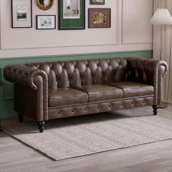 83.46 in. Classic Rolled Arm Faux Leather PU Tufted Straight Sofa in Brown by Magic Home