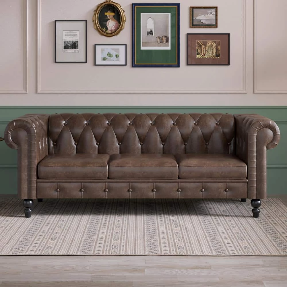 83.46 in. Classic Rolled Arm Faux Leather PU Tufted Straight Sofa in Brown by Magic Home 4 83.46 in. Classic Rolled Arm Faux Leather PU Tufted Straight Sofa in Brown by Magic Home - Image 2