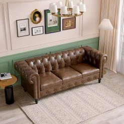 83.46 in. Rolled Arm Classic 2-Piece Faux Leather PU Tufted Straight Sofa with Pillows in Brown by Magic Home -Cheap Tidoin Store brown magic home sofas couches mh sf110pu 31 1000