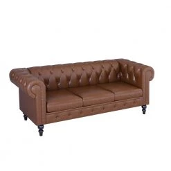 83.46 in. Rolled Arm Classic 2-Piece Faux Leather PU Tufted Straight Sofa with Pillows in Brown by Magic Home