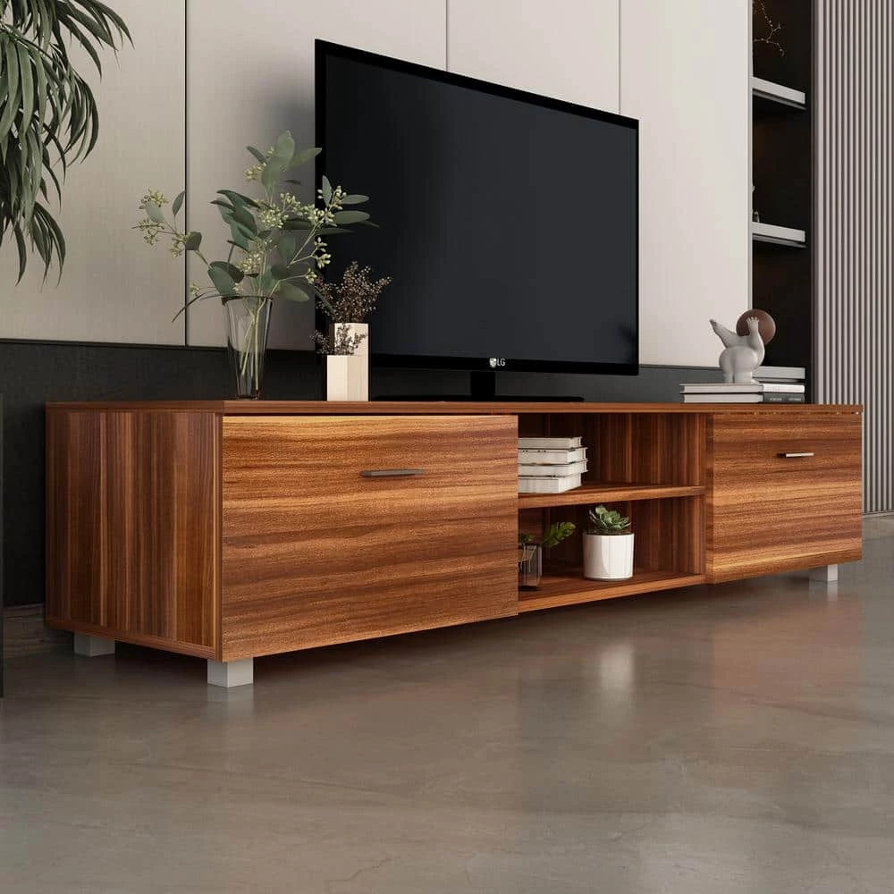62.99 in. Walnut Media Console Entertainment Center Storage TV Stand for TV Up to 70 in. by Magic Home 4 62.99 in. Walnut Media Console Entertainment Center Storage TV Stand for TV Up to 70 in. by Magic Home - Image 2