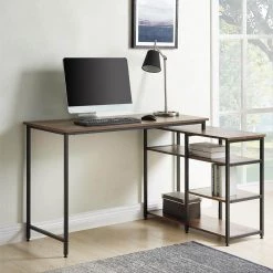 47.25 in. Retangular L-Shaped Vintage Brown Home Office Computer Corner Desk with Open Shelves by Magic Home