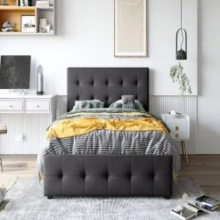 85 in. W Dark Gray Linen Wood Frame Upholstered Full Platform Bed by Magic Home -Cheap Tidoin Store dark gray magic home platform beds cs lp000114aae 1f 1000