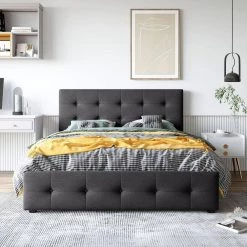 85 in. W Dark Gray Linen Wood Frame Upholstered Full Platform Bed by Magic Home -Cheap Tidoin Store dark gray magic home platform beds cs lp000114aae 31 1000