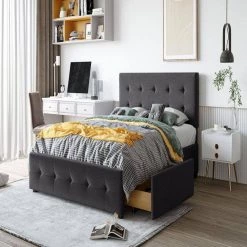 85 in. W Dark Gray Linen Wood Frame Upholstered Full Platform Bed by Magic Home -Cheap Tidoin Store dark gray magic home platform beds cs lp000114aae 4f 1000