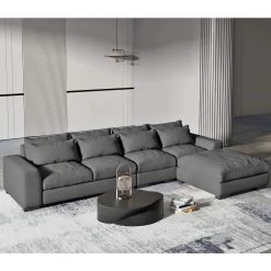 149.61 in. W Linen Rectangular Moveable Sectional Sofa with Ottoman in Dark Gray by Magic Home