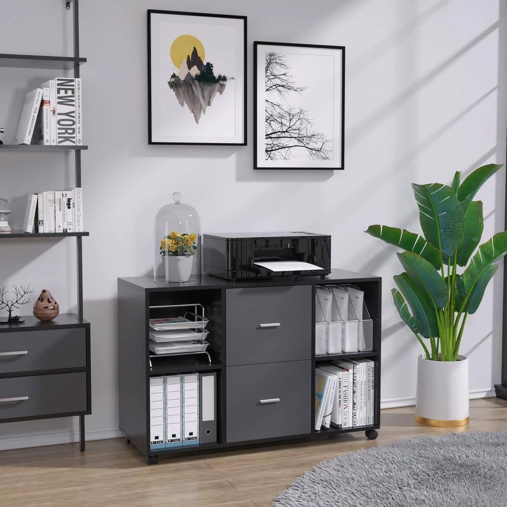 38.98 in. W x 15.75 in. D x 26.77 in. H Dark Gray File Cabinet with 2 Drawers,4 Open Shelves and 4 Wheels by Tidoin 8 38.98 in. W x 15.75 in. D x 26.77 in. H Dark Gray File Cabinet with 2 Drawers,4 Open Shelves and 4 Wheels by Tidoin - Image 6
