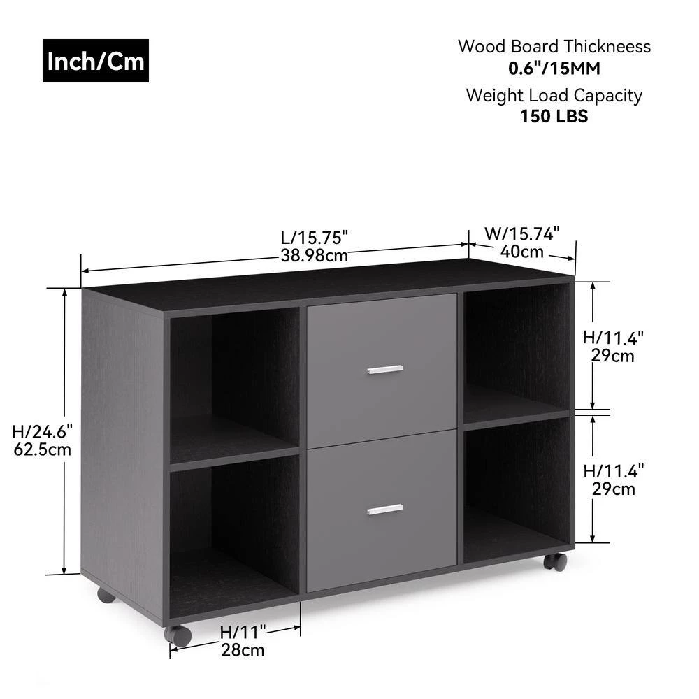 38.98 in. W x 15.75 in. D x 26.77 in. H Dark Gray File Cabinet with 2 Drawers,4 Open Shelves and 4 Wheels by Tidoin 5 38.98 in. W x 15.75 in. D x 26.77 in. H Dark Gray File Cabinet with 2 Drawers,4 Open Shelves and 4 Wheels by Tidoin - Image 3