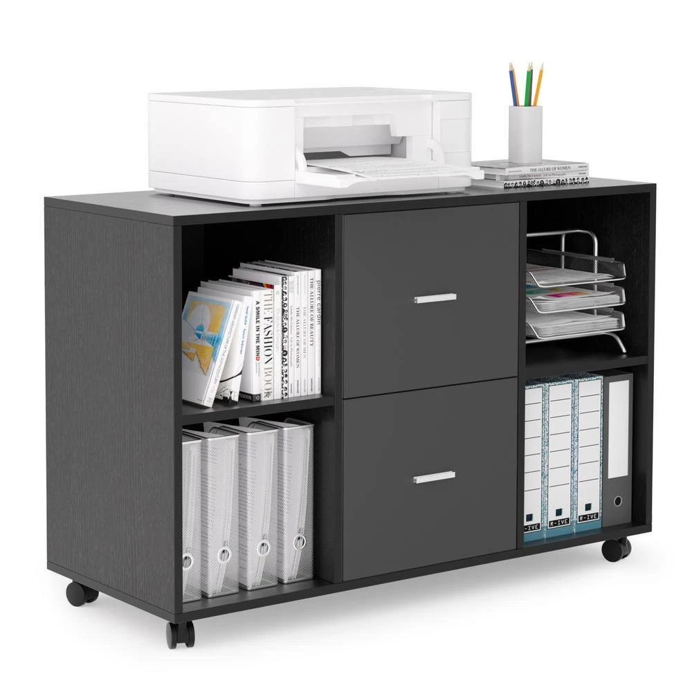 38.98 in. W x 15.75 in. D x 26.77 in. H Dark Gray File Cabinet with 2 Drawers,4 Open Shelves and 4 Wheels by Tidoin 4 38.98 in. W x 15.75 in. D x 26.77 in. H Dark Gray File Cabinet with 2 Drawers,4 Open Shelves and 4 Wheels by Tidoin - Image 2