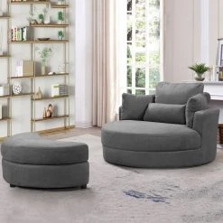 Linen Fabric Swivel Accent Barrel Big Round Lounge Sofa Chair with Storage Ottoman and Pillows in Dark Grey by Magic Home -Cheap Tidoin Store dark grey magic home accent chairs cs w83434390 31 1000