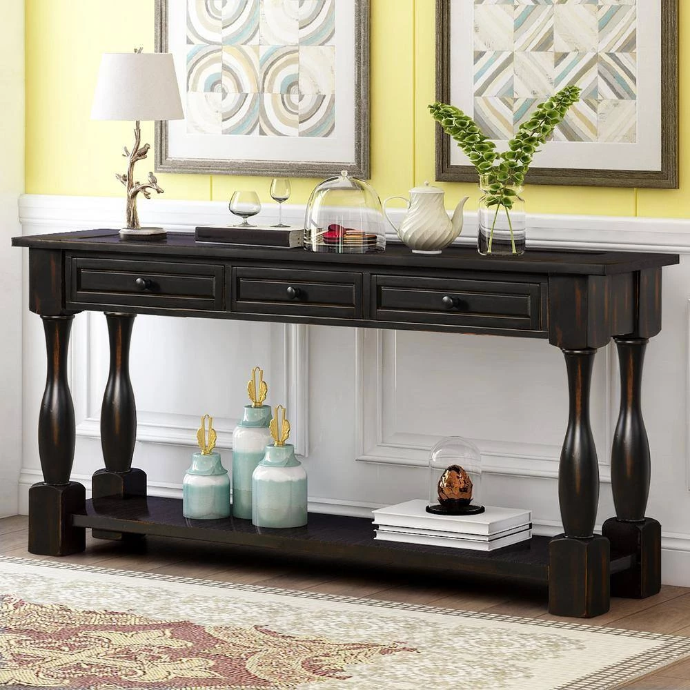 64.2 in. L Distressed Black Rectangle Solid Wood Console Table with Drawers and Shelf by Magic Home 9 64.2 in. L Distressed Black Rectangle Solid Wood Console Table with Drawers and Shelf by Magic Home - Image 8