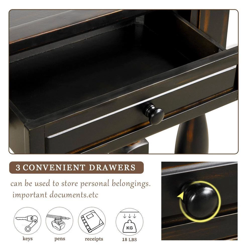 64.2 in. L Distressed Black Rectangle Solid Wood Console Table with Drawers and Shelf by Magic Home 5 64.2 in. L Distressed Black Rectangle Solid Wood Console Table with Drawers and Shelf by Magic Home - Image 4