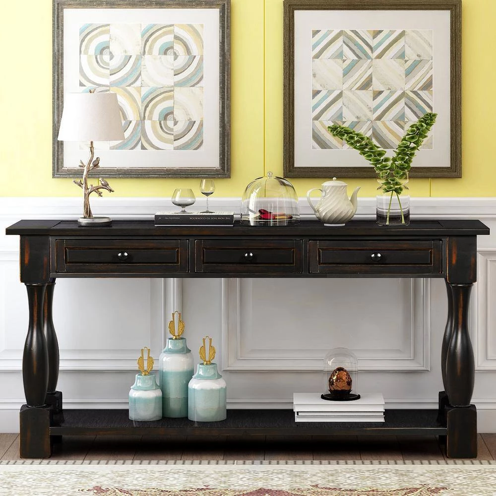 64.2 in. L Distressed Black Rectangle Solid Wood Console Table with Drawers and Shelf by Magic Home 3 64.2 in. L Distressed Black Rectangle Solid Wood Console Table with Drawers and Shelf by Magic Home - Image 2