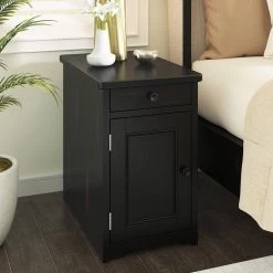Retro Nightstand End Table Side Table with USB Ports and Drawer with cup holders in Espresso by Magic Home