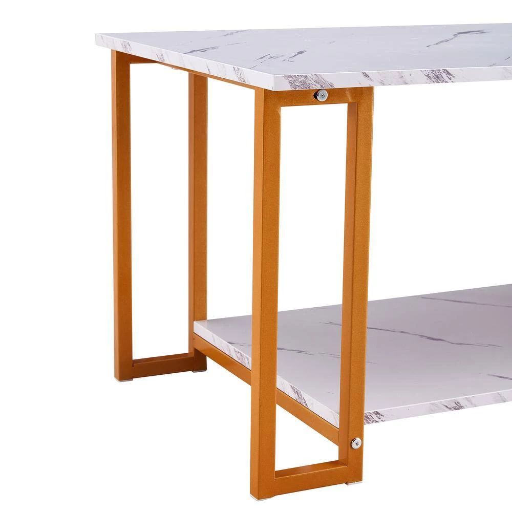 39.37 in.W Gold Marble MDF Rectangle 2 Layers Iron Coffee Table by Magic Home 7 39.37 in.W Gold Marble MDF Rectangle 2 Layers Iron Coffee Table by Magic Home - Image 5