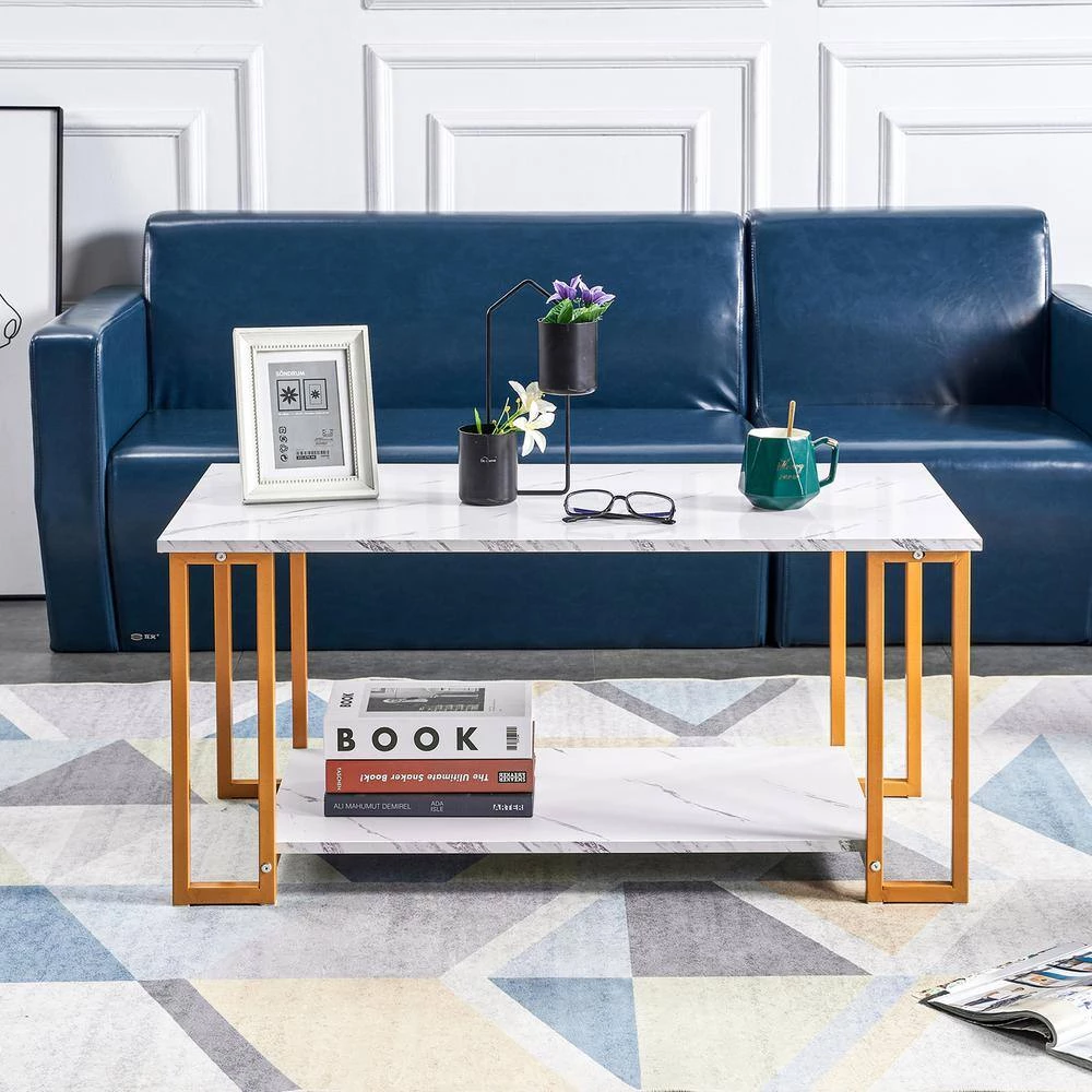 39.37 in.W Gold Marble MDF Rectangle 2 Layers Iron Coffee Table by Magic Home 4 39.37 in.W Gold Marble MDF Rectangle 2 Layers Iron Coffee Table by Magic Home - Image 2