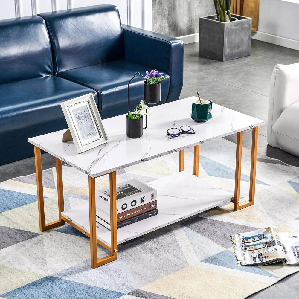 39.37 in.W Gold Marble MDF Rectangle 2 Layers Iron Coffee Table by Magic Home 9 39.37 in.W Gold Marble MDF Rectangle 2 Layers Iron Coffee Table by Magic Home - Image 7