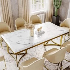 55.12 in.Modern Marble Dining Table with White Rectangular Tabletop and Gold Stainless Legs (Seat 4) by Magic Home -Cheap Tidoin Store gold magic home kitchen dining tables pv dt006hyxh180 1f 1000