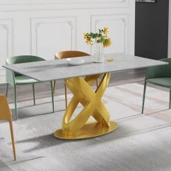 62.99 in. Modern Gold Rectangular Sintered Stone Kitchen Dining Table with Solid Gold Carbon Steel Base by Magic Home -Cheap Tidoin Store gray and gold magic home kitchen dining tables mh dtt16g dtl3g 31 1000