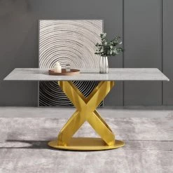 62.99 in. Modern Gold Rectangular Sintered Stone Kitchen Dining Table with Solid Gold Carbon Steel Base by Magic Home