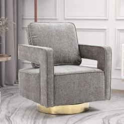 30.7 in. Chenille Fabric Swivel Accent Leisure Arm Chair With Gold Stainless Steel Base, Gray by Magic Home