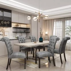 Gray Linen Upholstered Dining Chairs with Tufted Back and Solid Wood Legs (Set of 2) by Magic Home -Cheap Tidoin Store gray magic home dining chairs cs pp193583aak 31 1000