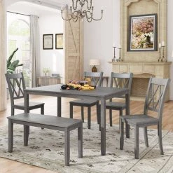 6-Piece Gray Rustic Style Wood Dining Table Set with Table, Bench and 4 Chairs by Magic Home -Cheap Tidoin Store gray magic home dining room sets cs sh000109aae 31 1000