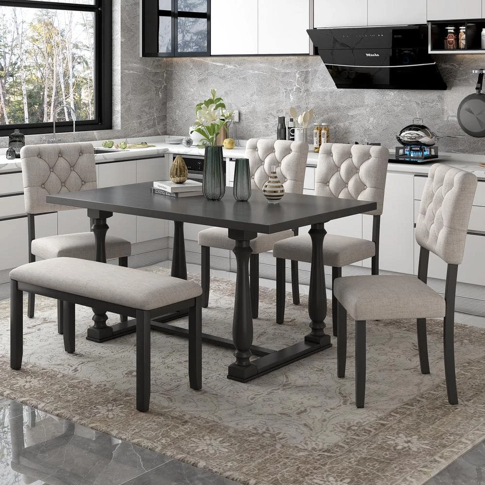 6-Piece Rectangular Gray Wood Top Dining Room Set Seats-6 with Special-Shaped Legs by Magic Home 3 6-Piece Rectangular Gray Wood Top Dining Room Set Seats-6 with Special-Shaped Legs by Magic Home