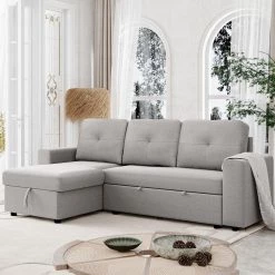 90 in. Reversible Pull Out Full Size Sleeper Sofa Bed L-Shaped Sectional Corner Sofa with Storage Chaise by Magic Home