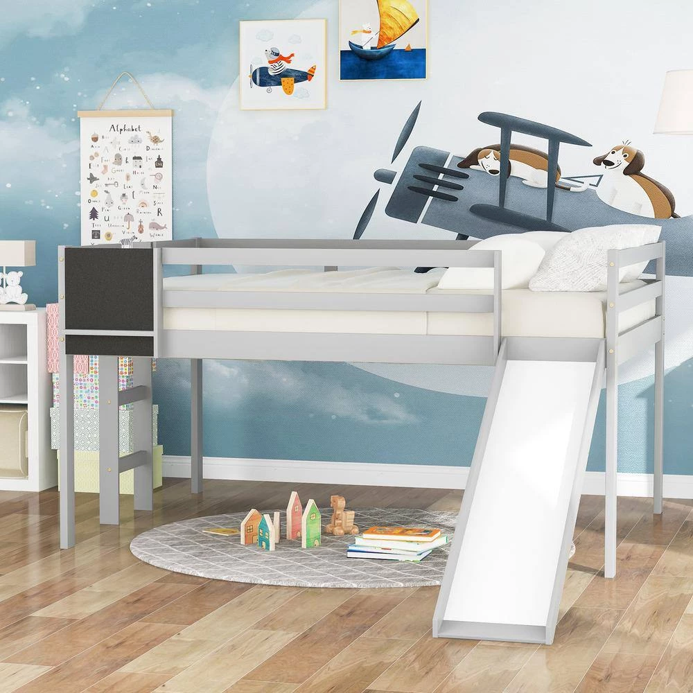 78.1 in. Gray Full Size Wood Loft Bed Bed with Slide, Stair and Chalkboard by Magic Home 8 78.1 in. Gray Full Size Wood Loft Bed Bed with Slide, Stair and Chalkboard by Magic Home - Image 6