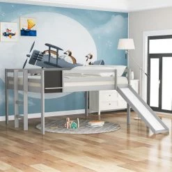 78.1 in. Gray Full Size Wood Loft Bed Bed with Slide, Stair and Chalkboard by Magic Home