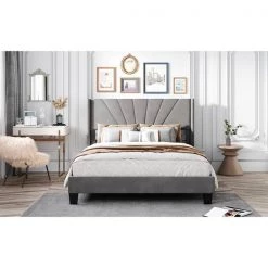 Queen Size Velvet Upholstered Box Spring Needed Platform Bed,Gray by Magic Home -Cheap Tidoin Store gray magic home platform beds cs wf192434aal 31 1000