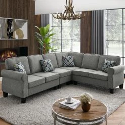 106 in. L-Shape Sectional Sofa Reversible Chaise with Plastic Legs and Pillows, Dark Gray by Magic Home