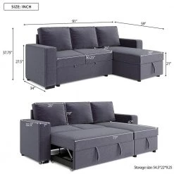 91.5 in. Gray Polyester 3 Seats Full Sleeper Reversible Pull Out Sleeper Sectional Sofa Bed with Storage by Magic Home -Cheap Tidoin Store gray magic home sectional sofas cs gs006096aae c3 1000
