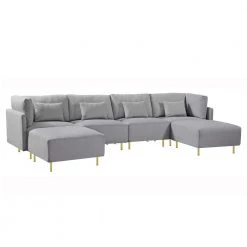 143.3 in. Gray Luxury Polyester U-Shape Sectional Sofa Couch with Golden Metal Leg and Convertible Ottoman by Magic Home