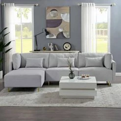 108.6 in. Luxury Polyester L Shape Sectional Sofa Couch with Golden Metal Leg and Convertible Ottoman, Gray by Magic Home -Cheap Tidoin Store gray magic home sofas couches cs w308s00021 31 1000