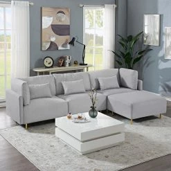 108.6 in. Luxury Polyester L Shape Sectional Sofa Couch with Golden Metal Leg and Convertible Ottoman, Gray by Magic Home