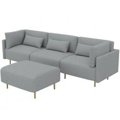105 in. 4 Pieces Linen Fabric Square Arm L Shape Sectional Sofa with Ottoman,Gray by Magic Home