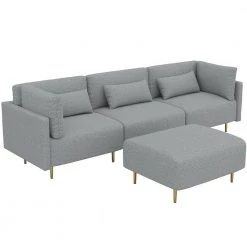 105 in. 4 Pieces Square Arm Linen L Shape Sectional Sofa with Ottoman,Gray by Magic Home