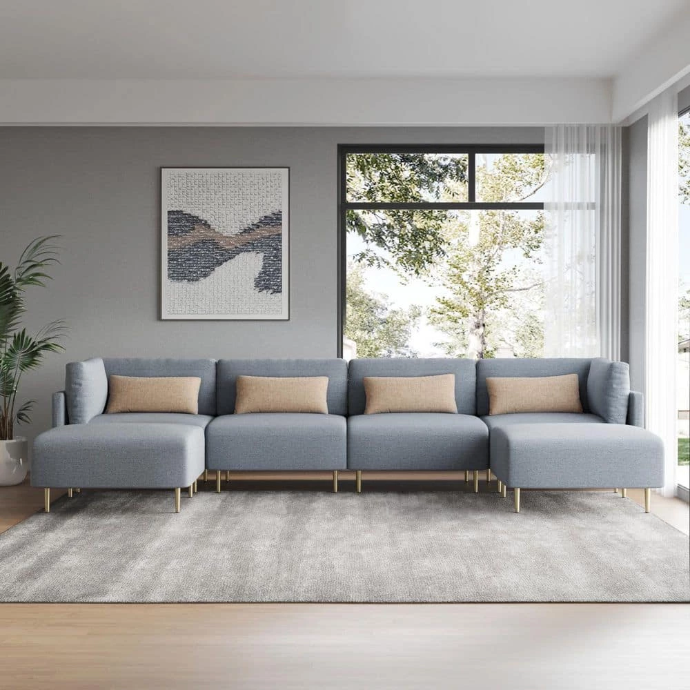 143 in. Gray Square Arm Linen U Shape Sectional Sofa with 2 Ottomans by Magic Home 6 143 in. Gray Square Arm Linen U Shape Sectional Sofa with 2 Ottomans by Magic Home - Image 5